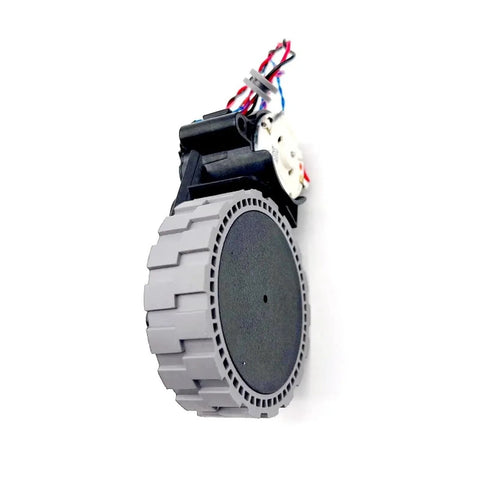 Side view of left/right wheel assembly for Ecovacs Deebot Omni vacuum; gray rubber tire with white motor housing