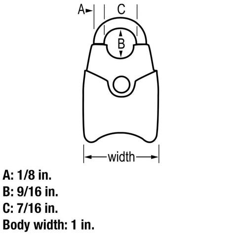 Technical diagram of TSA Approved Keyed Luggage Lock 4689T, 2 Pack, 1-inch body width, measurements labeled, colors may vary.