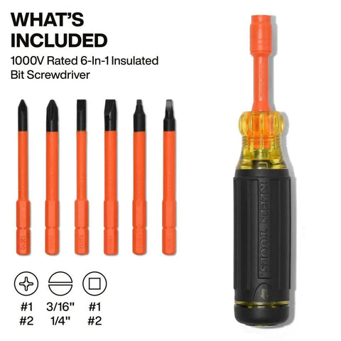 Six-In-One Insulated Multi-Bit Screwdriver With Auto Locking Collar And In-Handle Bit Storage For Electrical Work, One Thousand Volt Rated, Includes Phillips One And Phillips Two, Slotted Three Sixteenths Inch And One Quarter Inch, Square One And Square with included bits displayed