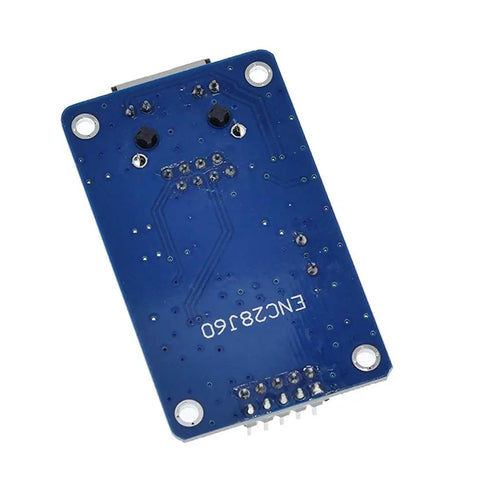 Back view of ENC28J60 Ethernet LAN Module With SPI Interface For Arduino AVR PIC LPC STM32 3.3V Powered, blue PCB board.