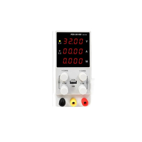 Adjustable DC Power Supply 0 To 30V 0 To 10A With Rock Solid Output And Low Ripple Built In Overvoltage Overcurrent Short Circuit And Overheat Protections Durable Case With Heat Dissipation Vents For Safe Lab Or DIY Projects. Front view of white benchtop unit with digital display and control knobs