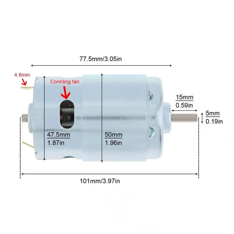 895 High Torque DC Motor Equipped With Dual Ball Bearings Running On 12V Or 24V dimensions with a fan and wiring for power tools and DIY projects.