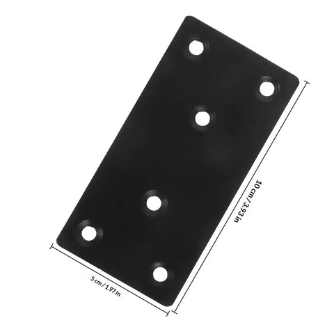 Beefy Heavy Duty Flat Plate Corner Brackets With Screws Black 10x5cm Set, shown angled, highlighting black finish and dimensions.