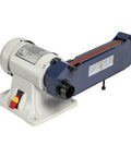 Heavy Duty 1 Inch Belt Grinder Bench Station For Deburring And Finishing Metal Or Wood With Lightning Fast 1800 Sfpm Drive Adjustable Table And Totally Enclosed Motor For Real World Job Site Grind, showcasing the belt and motor design.