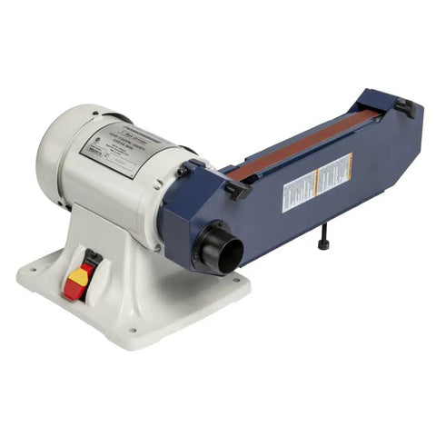 Heavy Duty 1 Inch Belt Grinder Bench Station For Deburring And Finishing Metal Or Wood With Lightning Fast 1800 Sfpm Drive Adjustable Table And Totally Enclosed Motor For Real World Job Site Grind, showcasing the belt and motor design.