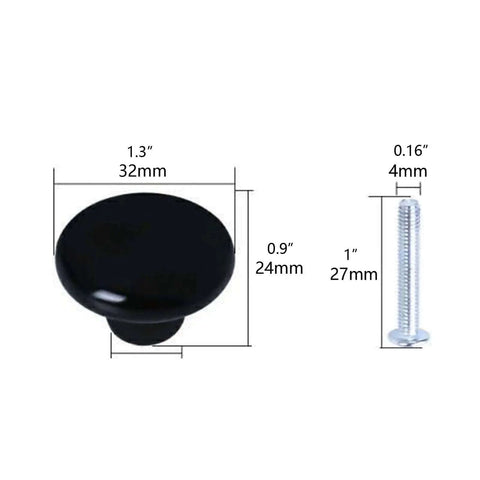 Hella Stylish Yellow Ceramic Knobs And Round Drawer Pulls For Kitchen Cabinets And Dressers Featuring Heavy Duty Zinc Alloy Backing Kid Friendly Curved Shape Tough As Nails Scratch Resistant Finish Make Your Home Decor Pop Set Of Four, showing a black ceramic knob with measurements and a screw.