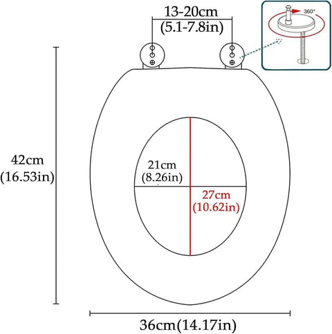 Slick Glitter Toilet Seat Soft Close Rounded Molded Resin Cover dimensions showing diameter and height for quick setup.