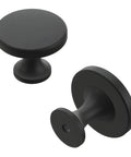 Solid Metal Core Cabinet Knobs And Dresser Knobs For Doors And Drawers One And Three Eighths Inch Black Iron Forge Collection Durable High End Hardware For Kitchens Bathrooms And Closets, showing front and side view.