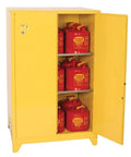 No Bull 90 Gallon Tower Safety Cabinet With Dual Doors And Two Rock Solid Shelves For Flammable Liquid Storage featuring red containers.