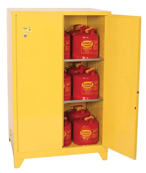 No Bull 90 Gallon Tower Safety Cabinet With Dual Doors And Two Rock Solid Shelves For Flammable Liquid Storage featuring red containers.