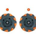 Pair of 65mm plastic Mecanum wheels with orange outer ring and dark gray hubs, labeled L and R