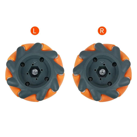 Pair of 65mm plastic Mecanum wheels with orange outer ring and dark gray hubs, labeled L and R