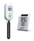 Light Driven Thermo Hygrometer And Smart Digital Wireless Soil Moisture Meter Kit with two devices on white background