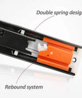 Close-up of 16 Inch Push To Open Drawer Slides Side Mount Ball Bearing Rails with rebound system and double spring design.