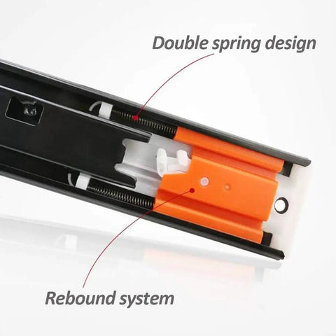 Close-up of 16 Inch Push To Open Drawer Slides Side Mount Ball Bearing Rails with rebound system and double spring design.