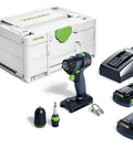 Built Tough 18V Compact Cordless Drill Workhorse Kit Featuring Quick Charge Dual Batteries, includes drill, batteries, and case.