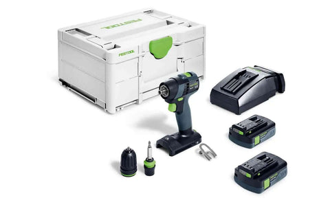 Built Tough 18V Compact Cordless Drill Workhorse Kit Featuring Quick Charge Dual Batteries, includes drill, batteries, and case.