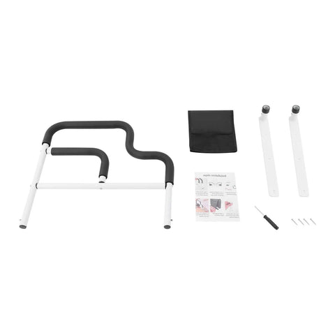 Bedside Support Handle For Seniors And Elderly, sturdy L-shaped bed rail in black, easy install, includes screws and instruction manual.