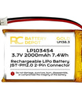 3.7V 2000mAh LiPo Battery Pack With Positive Polarity JST-PH2.0 2-Pin Connector 1C Max Discharge on white background