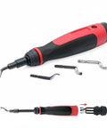 Extendable neck deburring tool with 3 extra swivel blades; red and black handle for metal and plastic edges