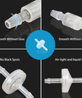 Three translucent 1/8 in hose-barb one-way check valves made from ozone-resistant plastic for water, fuel, oil, and air.