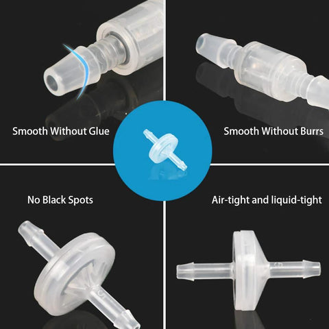 Three translucent 1/8 in hose-barb one-way check valves made from ozone-resistant plastic for water, fuel, oil, and air.