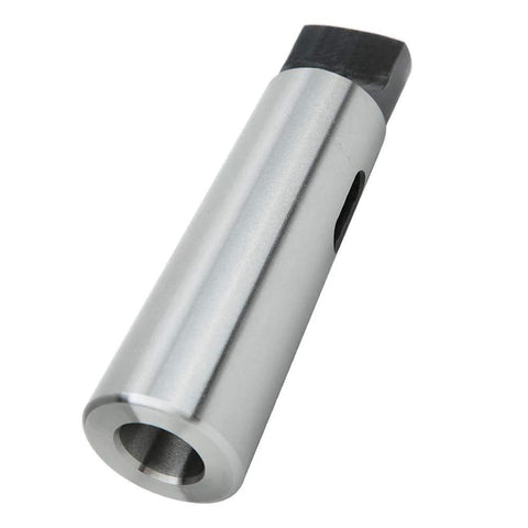 Side view: Morse taper drill sleeve adapter MT5 to MT3, silver metal cylindrical tool with side hole