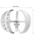 Side view of 600W 24V Automatic Five Blade Home Wind Turbine Generator System With dimensions shown, ideal for off-grid use.