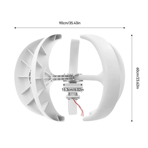 600W DC 24V Vertical Axis Wind Turbine Kit dimensions, featuring five blades and lantern motor for off-grid power use