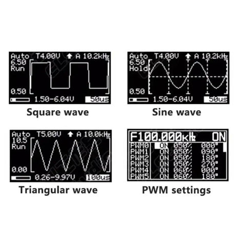 DIY Mini Digital Oscilloscope Kit With STC8K8A Microcontroller showing waveform display and PWM settings on OLED screen.