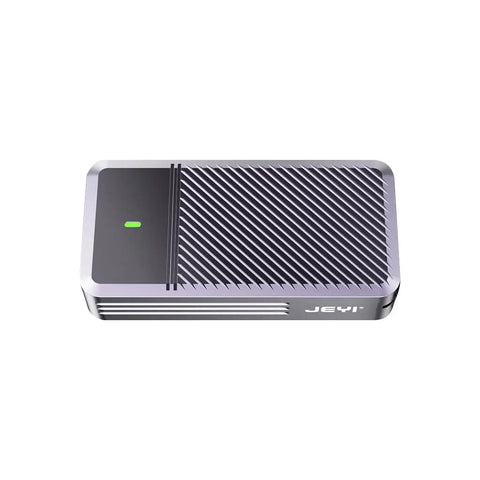Next Level M.2 NVMe 2280 Hard Drive Enclosure With Thunderbolt 5 Hookup, sleek design, silver casing, top view.