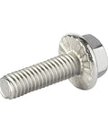 Close-up of Durable Stainless Steel A2 70 M6 Flanged Hex Head Bolt DIN 6921, showing threaded shaft and flanged head.