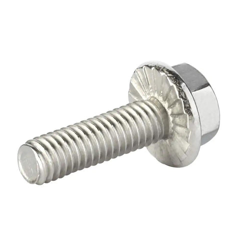Close-up of Durable Stainless Steel A2 70 M6 Flanged Hex Head Bolt DIN 6921, showing threaded shaft and flanged head.