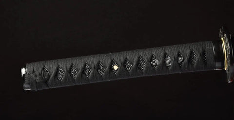 Close-up of handle of Dope Non Sharpened Aluminum Steel Katana Sword For Practice Laido Japanese Samurai Style Full Tang Blunt Blade