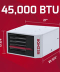 No Fuss Heavy Duty 45000 BTU Natural Gas Horizontal Garage Heater with dimensions 27" width, 13 3/4" height, displays powerful design.