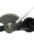Close-up of M18 Fuel Quik-Lok Edger Attachment in durable brown finish, showing blade and wheel for precise lawns edging.