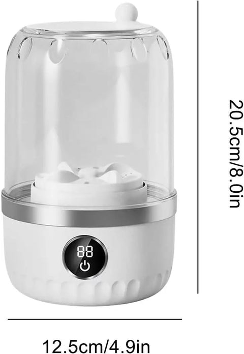 Portable Mini Washer Ultra Compact Wash Tub For Underwear And Socks with digital display, transparent design, and sturdy base.