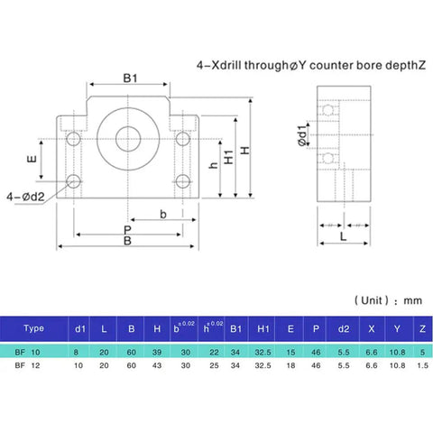 Technical diagram of Fixed Side And BF10 End Supports Kit For SFU1204 RM1204 Ballscrew detailing dimensions and specifications.