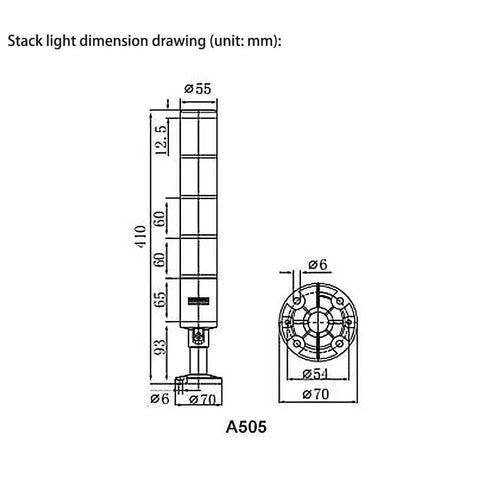Dimension drawing of the Industrial AC 110V LED Stack Light With 90dB Buzzer Alarm, 3-layer signal tower, front and top views.