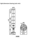 Stack Light Tower With Flash LED 24V DC Industrial Warning Light With 90dB Buzzer Alarm dimension drawing with measurements