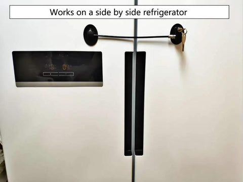 Fridge Lock With 2 Keys Easy Peel And Stick No Drill Mount attached to a side-by-side refrigerator door with keys visible