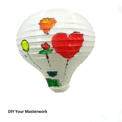 Six Pack 12 Inch White Hanging Hot Air Balloon Paper Lanterns For Valentines Weddings Parties Baby Showers Home Decor And DIY Crafts Easy To Assemble And Reusable shown with colorful heart and flower designs