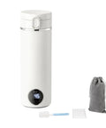 Grab And Go Travel Kettle, 500 Ml Heated Water Cup, 6 Temp Controls, 300W Fast Boil, white mug with digital panel and brush