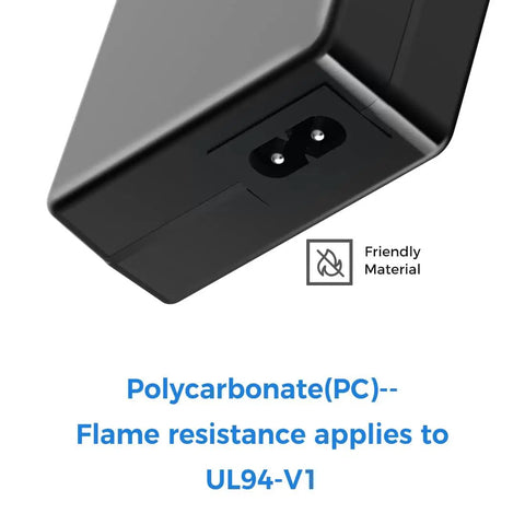Universal 12V Locking Power Adapter with polycarbonate UL94-V1 housing, close-up of connector area, flame resistant certified.