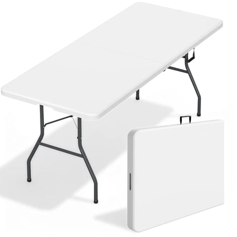 Six Foot Folding Table For Indoor And Outdoor Use Portable Picnic Party Table With Carrying Handle Fold In Half Design Lightweight White Plastic