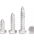Quarter Inch By One And A Half Inch Hex Head Lag Screws In 304 Stainless Steel For Wood Construction Pack Of Twenty Heavy Duty Hex Lag Screws Corrosion Resistant For Outdoor Use And Heavy Duty Construction Projects. Multiple sizes of screws with hex heads shown.