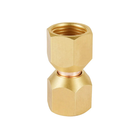 Two Piece Female Flare Swivel Brass Adapter For 3 8 Inch Flare Fittings Solid Brass Construction Built To Last Corrosion Resistant Not For Potable Water Fuel Oil Air Propane LP Natural Gas Temperature Range Minus 65 To 250 Degrees Fahrenheit, close-up brass fitting