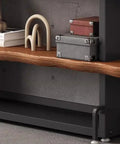 Rock Solid Industrial Bookshelf With Thick Solid Wood Shelves Five Tier Floor Standing Unit For Living Room Or Office Heavy Duty Metal Frame Storage Rack top shelf displaying books and decorative items.