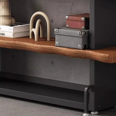 Rock Solid Industrial Bookshelf With Thick Solid Wood Shelves Five Tier Floor Standing Unit For Living Room Or Office Heavy Duty Metal Frame Storage Rack top shelf displaying books and decorative items.