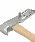 Close-up of No Sweat One Hand Nail Setup Game Changing Magnetic Face Roofing Hatchet with solid forged steel head and utility blade.